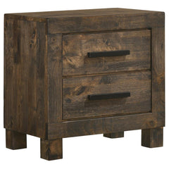 Update a bedroom with strong, stately elegance. Featuring solid hardwood construction, this classic nightstand is a stylish and durable choice. A full matte finish with wire brushed detail gives it a rich, rustic vibe. Wooden handles and thick block feet 