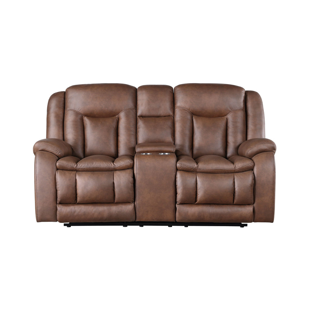 The Morello Dual Recliner Console Loveseat in Brown offers a perfect combination of comfort and style for your living space. Upholstered in sumptuously soft 100% polyester fabric in a saddle brown color, it mimics the luxurious look of leather without the