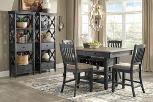 Unique two-tone finish with a combination of Oak and Acacia substrates combining a trendy textured antique black color with table and server tops finished in a textural weathered oak finish. Rectangular dining table features six convenient drawers for sto