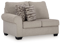 This left-arm facing loveseat is made with polyester upholstery. Pairs with other items in the series to make a sectional.<br><br><b>Additional Dimensions</b><br><ul><li>Arm height: 27-"</li><li>Seat depth: 22-"</li><li>Seat height: 20-"</li><li>Top of cu