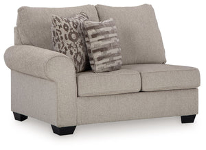 This left-arm facing loveseat is made with polyester upholstery. Pairs with other items in the series to make a sectional.<br><br><b>Additional Dimensions</b><br><ul><li>Arm height: 27-"</li><li>Seat depth: 22-"</li><li>Seat height: 20-"</li><li>Top of cu