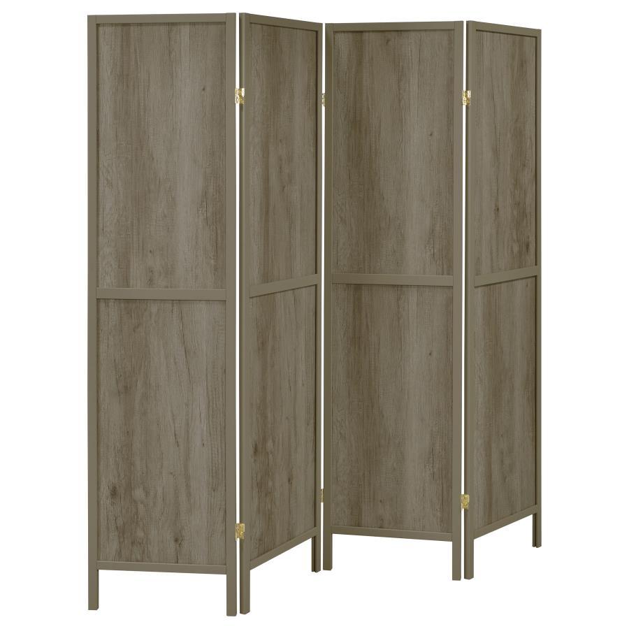 Cast a soft glow throughout a classic space with this four-panel screen. Variations in hue give the exposed wood grain depth with a grey driftwood finish. Light in color, the sleek legs mirror the wood finish to complement and add structure. The panels cr