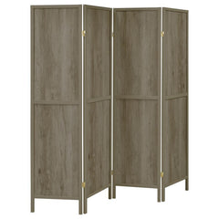 Cast a soft glow throughout a classic space with this four-panel screen. Variations in hue give the exposed wood grain depth with a grey driftwood finish. Light in color, the sleek legs mirror the wood finish to complement and add structure. The panels cr