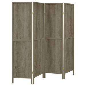 Cast a soft glow throughout a classic space with this four-panel screen. Variations in hue give the exposed wood grain depth with a grey driftwood finish. Light in color, the sleek legs mirror the wood finish to complement and add structure. The panels cr