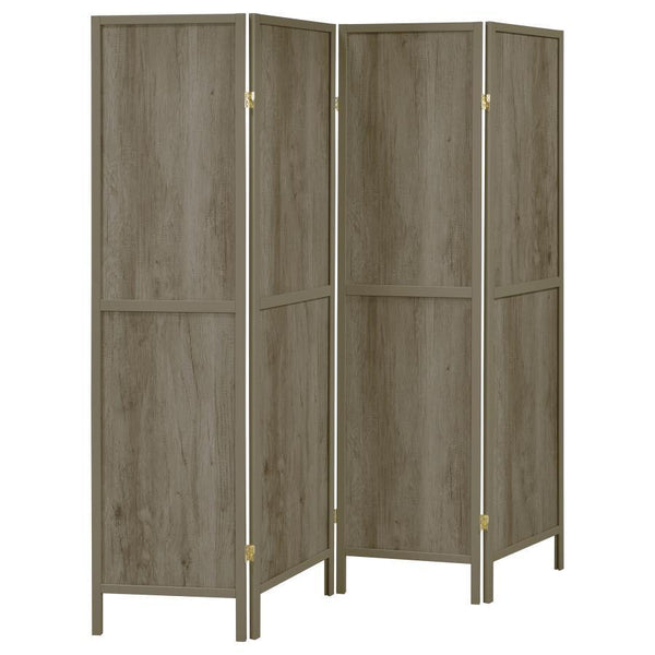 Cast a soft glow throughout a classic space with this four-panel screen. Variations in hue give the exposed wood grain depth with a grey driftwood finish. Light in color, the sleek legs mirror the wood finish to complement and add structure. The panels cr
