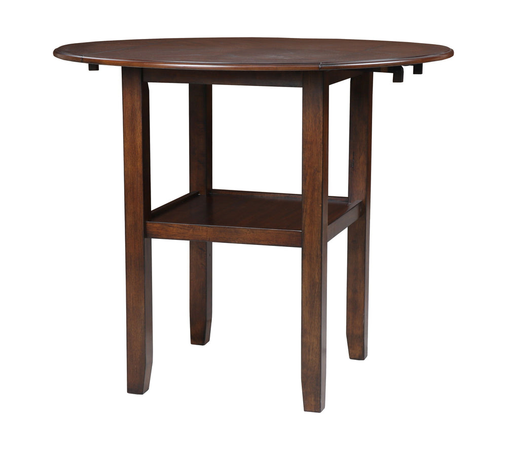 The small space friendly Gia Counter Drop Leaf Table and Chair Set has two 8" drop down leaves that transform this dining table from a 42" round dining set to 24" wide, fitting into compact spaces with ease. The counter table and chair legs are crafted of