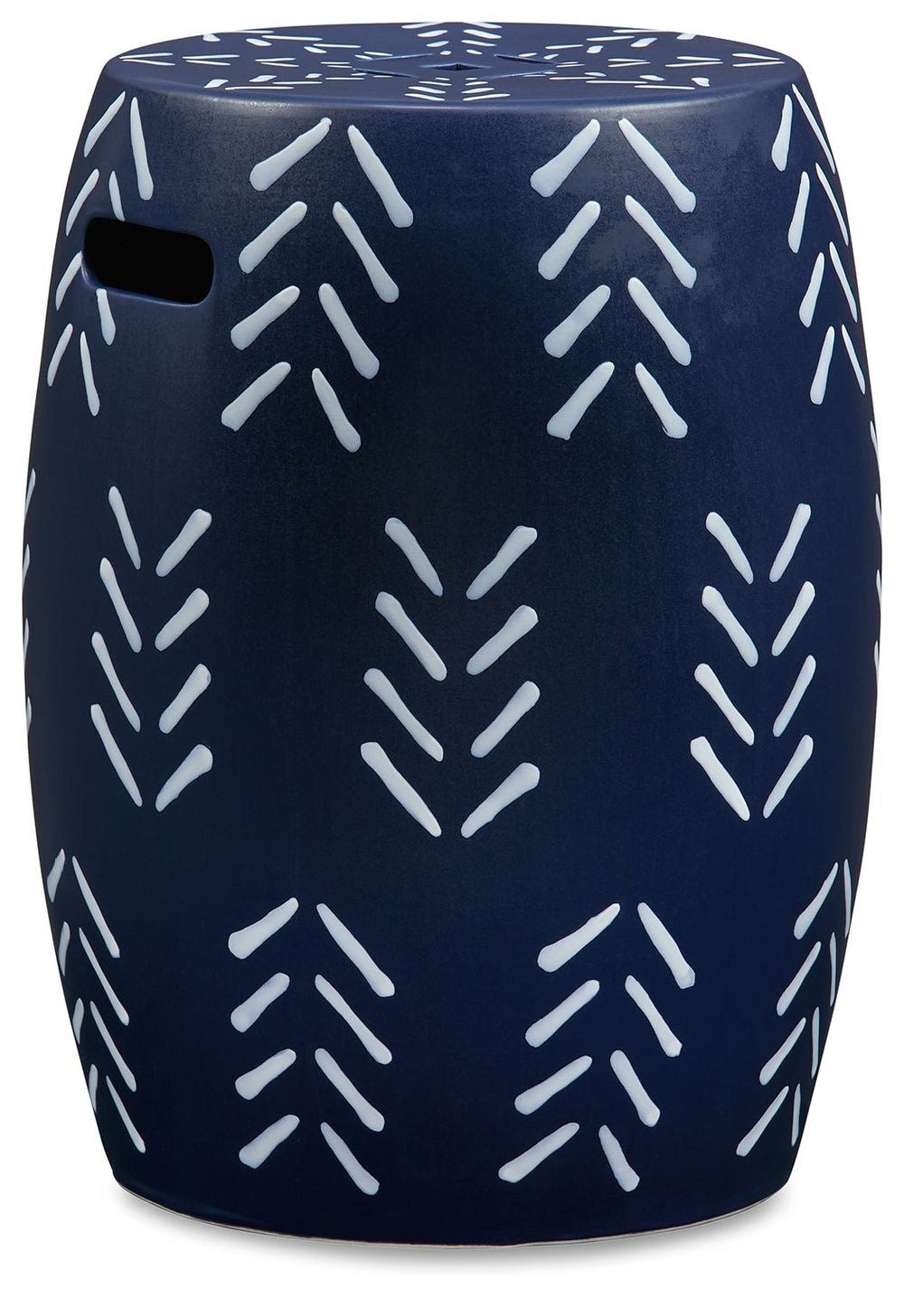 Freshen up your decor with the striking design of this stool. A navy and white pattern plays up the pieceâ€™s visual appeal, while hand holds on the sides and a drain opening on top provide modern functionality. Suiting both indoor and outdoor spaces, thi