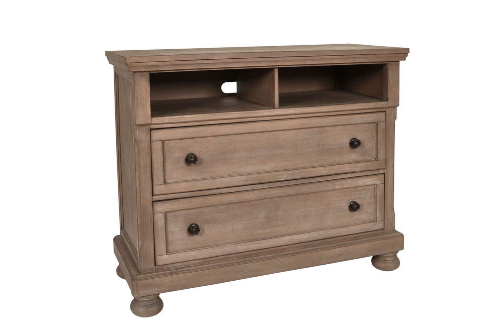 The Allegra 2 Drawer Media Chest in a sophisticated pale pewter finish combines durability, style, and practicality, making it a standout addition to any bedroom or living space. Expertly crafted from solid Mindi wood, engineered woods, and wood veneers, 