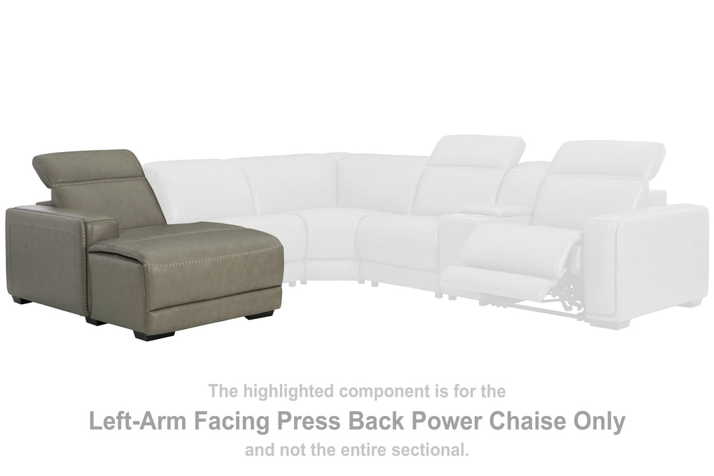 This left-arm facing power reclining back chaise is made with a combination of 100% top grain leather and faux leather upholstery. Pairs with other items in the series to make a sectional.<br><br><b>Additional Dimensions</b><br><ul><li>Seat width: 27.5-"<