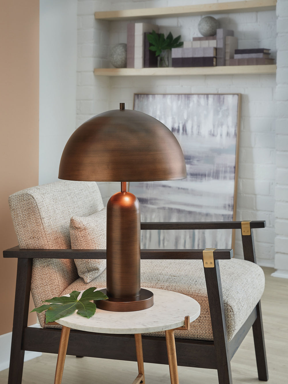 Dome sweet dome. Shine a light on your love of all things contemporary with this table lamp. Its sleek antiqued copper-tone finish and bold, columnar design add a brilliantly modern touch to any room. A dome-shaped shade provides a warm and focused light,