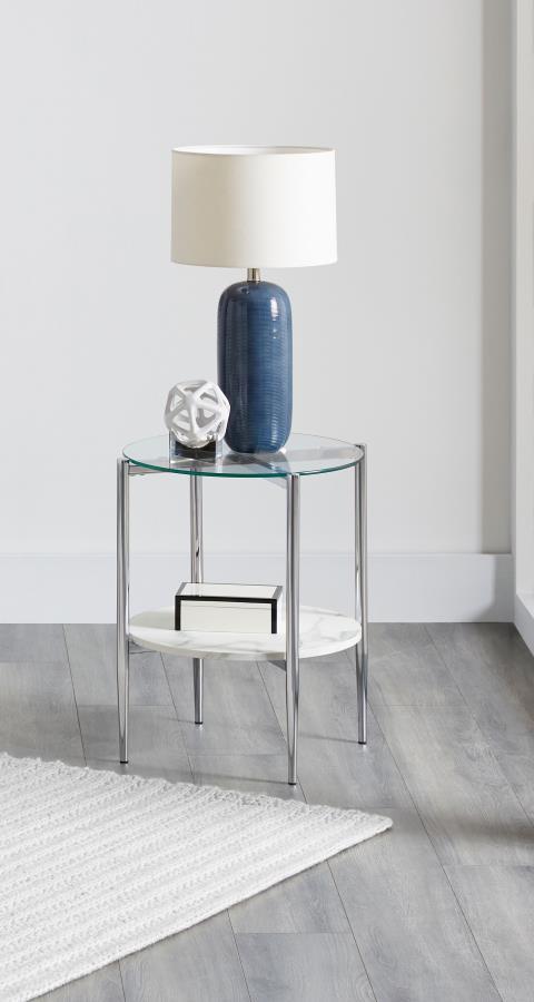 Enhance your living space with this modern round end table, offering functionality and style. The clear tempered glass top provides a sleek surface, while the white faux marble shelf adds practical storage with a refined aesthetic. Its sturdy metal frame,