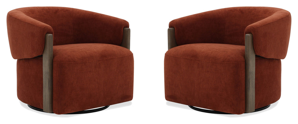 The stylish and comfortable Tatum accent chair features a 360-degree swivel for easy movement and a charcoal-finish wood surround base for a modern look. The cozy club chair design with shelter arms contains an integrated seat cushion, providing a relaxin