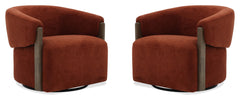 The stylish and comfortable Tatum accent chair features a 360-degree swivel for easy movement and a charcoal-finish wood surround base for a modern look. The cozy club chair design with shelter arms contains an integrated seat cushion, providing a relaxin