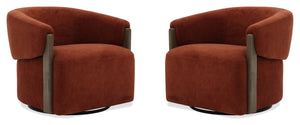 The stylish and comfortable Tatum accent chair features a 360-degree swivel for easy movement and a charcoal-finish wood surround base for a modern look. The cozy club chair design with shelter arms contains an integrated seat cushion, providing a relaxin