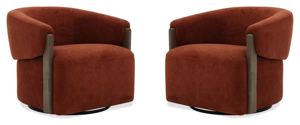 The stylish and comfortable Tatum accent chair features a 360-degree swivel for easy movement and a charcoal-finish wood surround base for a modern look. The cozy club chair design with shelter arms contains an integrated seat cushion, providing a relaxin