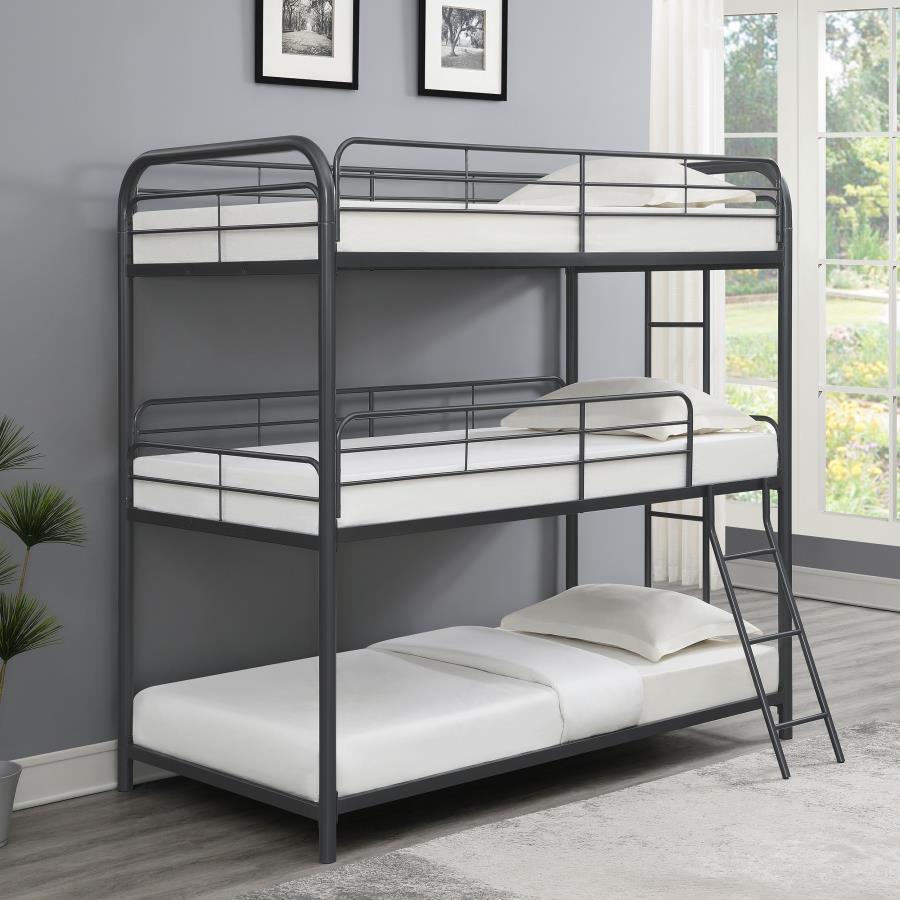 Compact spaces and large families love this triple bunk bed. The modern design is enhanced with clean lines and durable heavy gauge steel construction. Finished in a gunmetal, this stylish triple bunk bed brings function and aesthetics to a youth-'s bedro