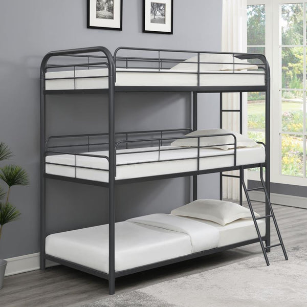  this stylish triple bunk bed brings function and aesthetics to a youth-'s bedro