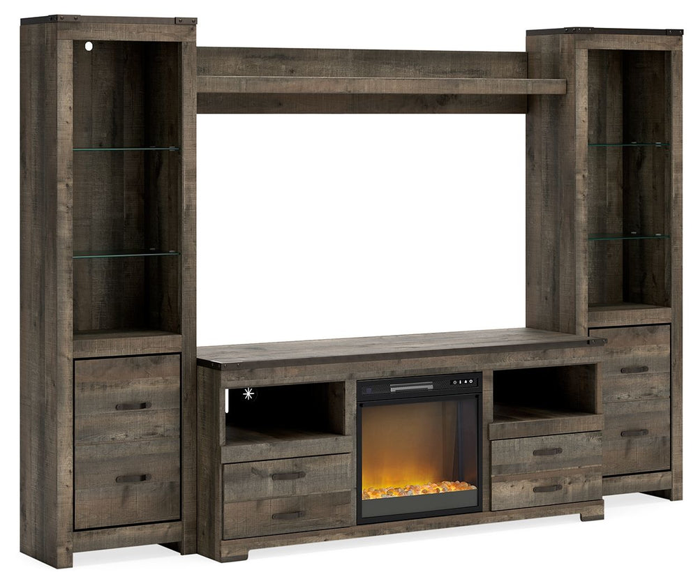 Entertain a rugged yet refined sense of style with this 5-piece entertainment center. Its rustic finish and plank-style details pay homage to reclaimed barn wood, while metal banding with nailhead accents infuses a touch of industrial cool. Ultra-clean li