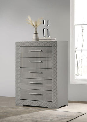  modern look that enhances any bedroom decor. Five spacious drawers offer ample storage for clothing and linens