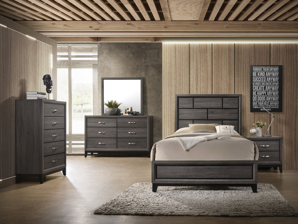 This contemporary bedroom set presents a crisp, clean look with its gray finish and contrasting dark accents. The simple, straight lines and subtle details give it a modern edge. The bed features a paneled headboard that makes a statement without overwhel