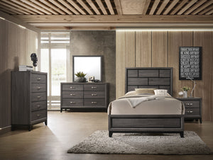 This contemporary bedroom set presents a crisp, clean look with its gray finish and contrasting dark accents. The simple, straight lines and subtle details give it a modern edge. The bed features a paneled headboard that makes a statement without overwhel
