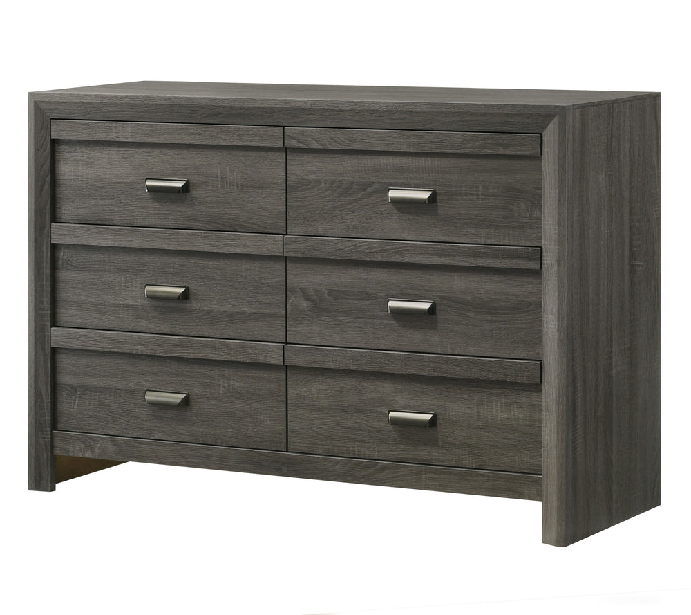 This bedroom collection encapsulates a blend of contemporary design and rustic charm. The centerpiece, a bed with a distinguished chevron patterned headboard, evokes a sense of craftsmanship and texture, infusing the space with character. Flanking the bed