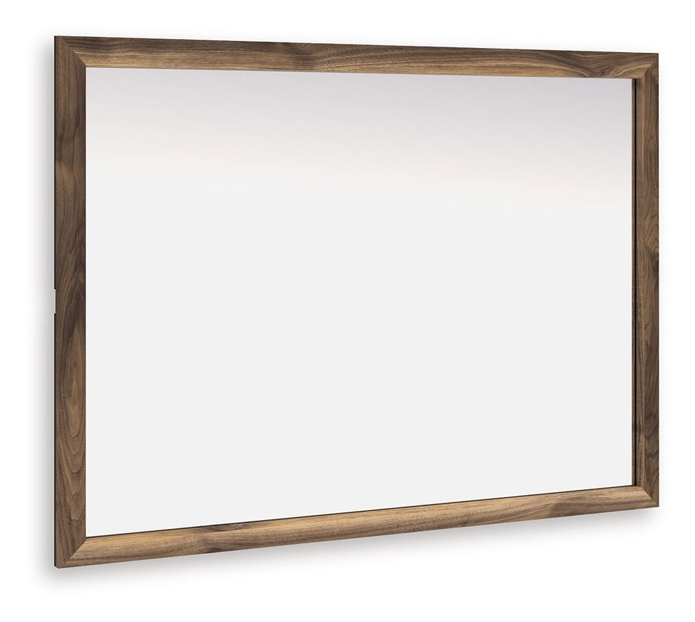 Nostalgic style, retooled for todayâ€™s trends. This bedroom mirror puts an elevated twist on mod aesthetics. Its warm brown tones reflect the mid-century vibes you love. Sleek and stylish when mounted on the matching dresser (sold separately) or on the w