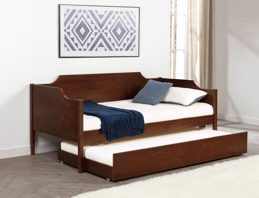 This modern classic-style daybed with trundle merges timeless elegance with practical design. The camelback silhouette and refined panel detailing add sophistication, while its construction from Asian hardwood, plywood, MDF, and cherry veneer ensures dura
