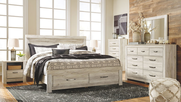 Wispy white finish over replicated Oak grain with authentic touch. Handles in a brushed nickel color finish with black hang up. Slim USB charger located on the back of the night stand tops. Modern styled panel bed. Side roller glides for smooth operating 