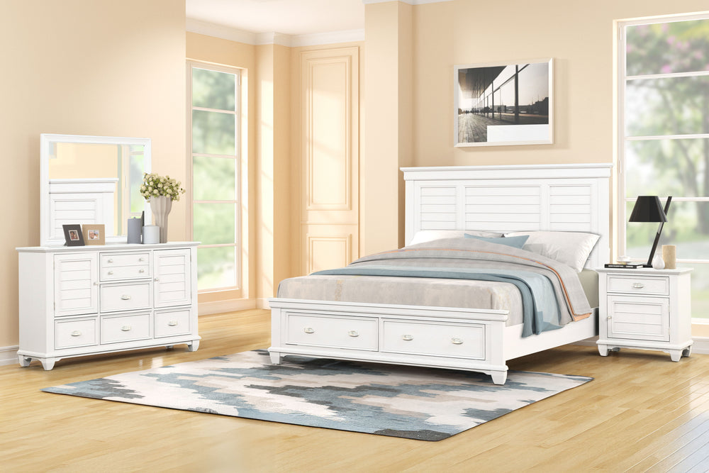The Jamestown 4-Piece Wood Bedroom Set in White offers a perfect blend of style, durability, and practicality, designed to transform your bedroom into a serene and organized space. This set includes a Panel Bed with a storage footboard, Dresser, Mirror, a