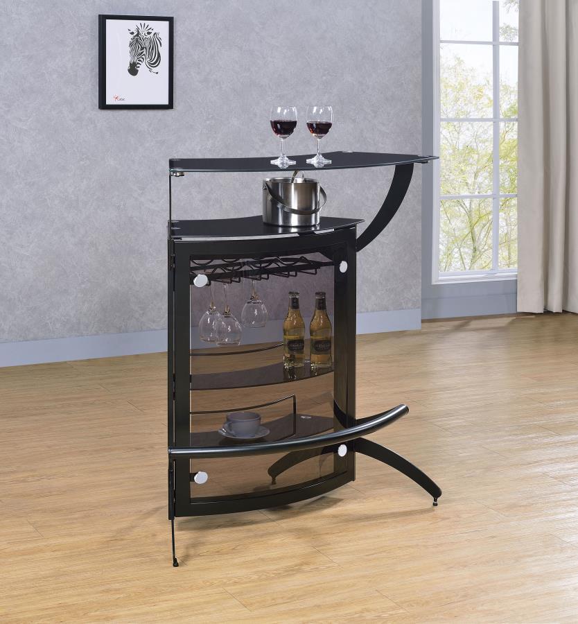 Heavy on the modern elegance scale, the design of this elegant bar unit turns heads as it provides comprehensive serving and entertaining functions. Enjoy a lovely smoked acrylic with black tempered glass and black metal frame, combining to offer a sophis