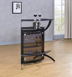  the design of this elegant bar unit turns heads as it provides comprehensive serving and entertaining functions. Enjoy a lovely smoked acrylic with black tempered glass and black metal frame