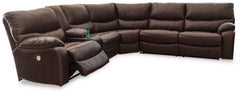 Bring home ultimate comfort with this power reclining sectional. Along with power positioning at the push of a button, its plush cushioning and pillow top arms ensure plenty of relaxation. The strikingly modern profile is wrapped in decadently soft leathe