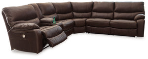 Bring home ultimate comfort with this power reclining sectional. Along with power positioning at the push of a button, its plush cushioning and pillow top arms ensure plenty of relaxation. The strikingly modern profile is wrapped in decadently soft leathe