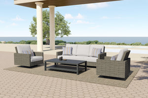 The Bungalow 4-Piece Outdoor Patio Set is designed for effortless outdoor relaxation, featuring a comfortable sofa, two swivel chairs, and a practical coffee table. Built to withstand the elements, its durable aluminum frames are finished with a baked-on 