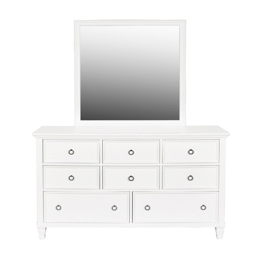 The Tamarack Mirror in white offers a perfect blend of durability and style. Crafted with a combination of solid poplar, basswood veneers, and eco-friendly manufactured wood, this mirror ensures strength and long-lasting durability. Its versatile transiti