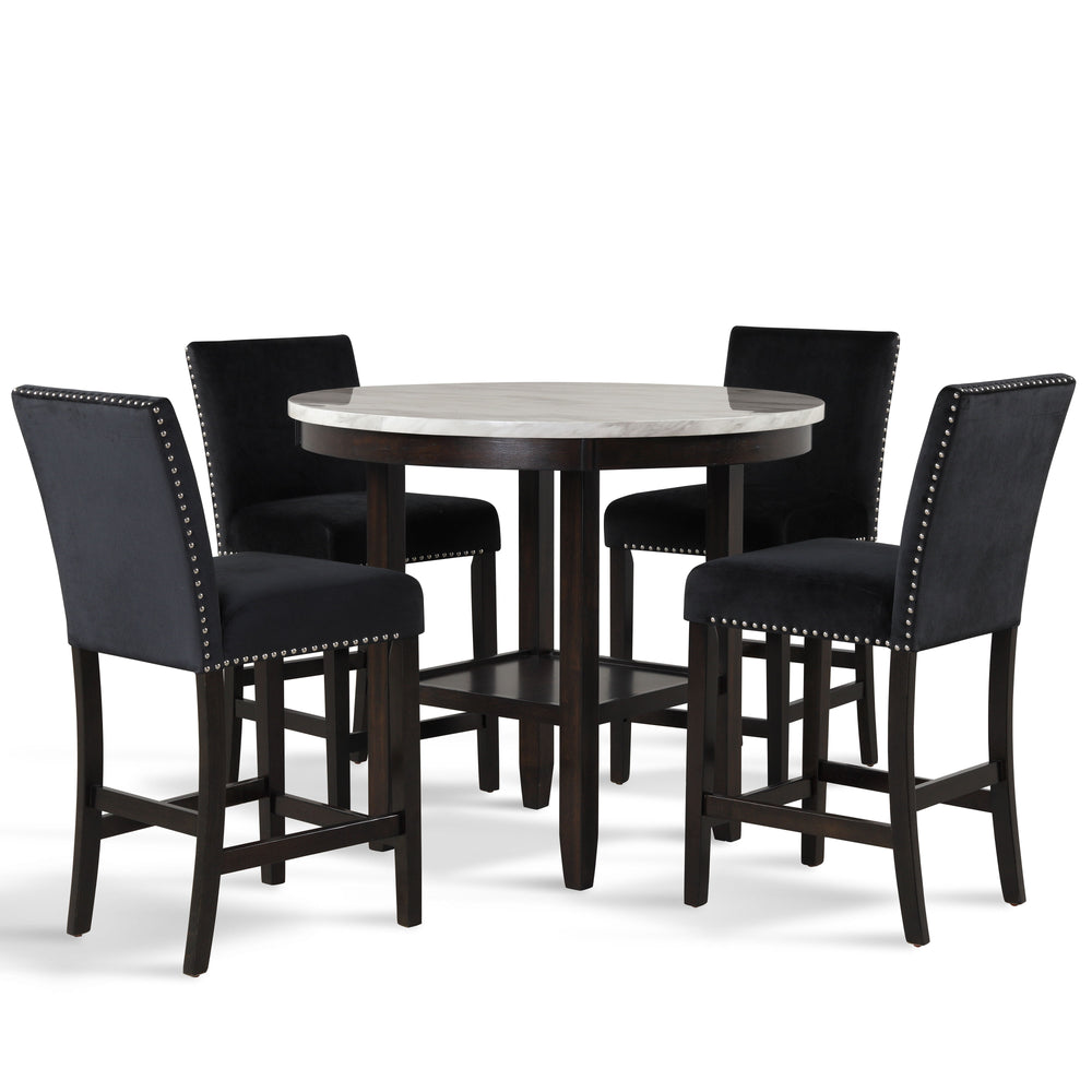 The Celeste 5-Piece Counter Dining Set is an exquisite combination of modern sophistication and enduring craftsmanship. This set includes a chic 42-inch counter table with an espresso base and a faux marble top, accompanied by four stunning black velvet c