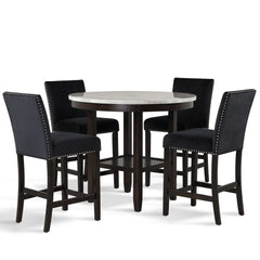 The Celeste 5-Piece Counter Dining Set is an exquisite combination of modern sophistication and enduring craftsmanship. This set includes a chic 42-inch counter table with an espresso base and a faux marble top, accompanied by four stunning black velvet c