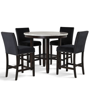 The Celeste 5-Piece Counter Dining Set is an exquisite combination of modern sophistication and enduring craftsmanship. This set includes a chic 42-inch counter table with an espresso base and a faux marble top, accompanied by four stunning black velvet c