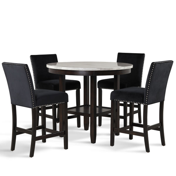 The Celeste 5-Piece Counter Dining Set is an exquisite combination of modern sophistication and enduring craftsmanship. This set includes a chic 42-inch counter table with an espresso base and a faux marble top, accompanied by four stunning black velvet c
