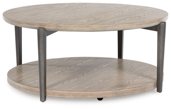 Merging industrial and contemporary elements, this coffee table turns display space into an art form. The whitish brown wood-tone finish is right on trend, while contrasting painted metallic legs offer a modern touch of stripped-back beauty. With its stre