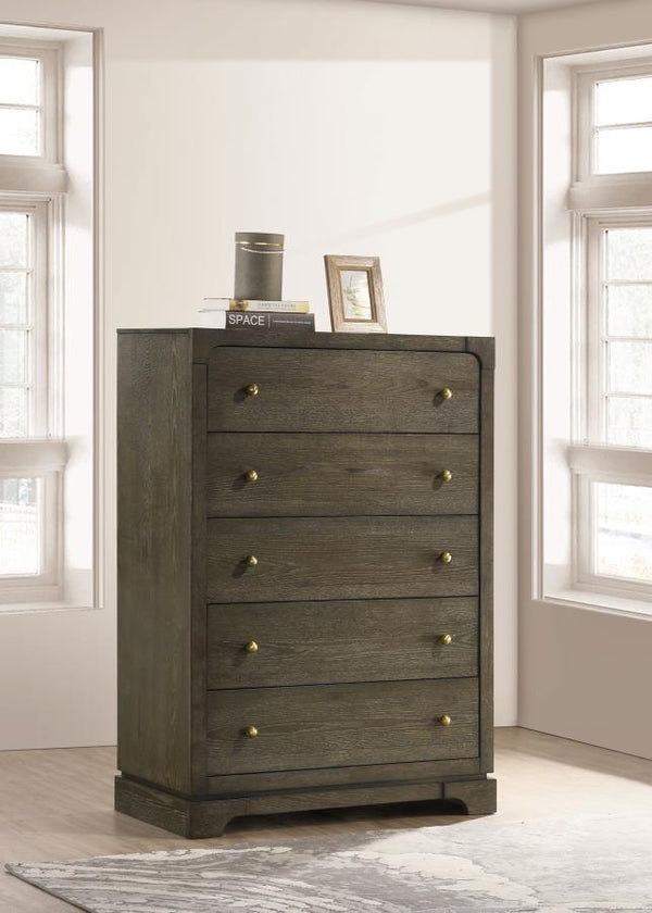  featuring a transitional design with rounded corners and trending details. The dark cocoa finish and brass knobs add a touch of elegance