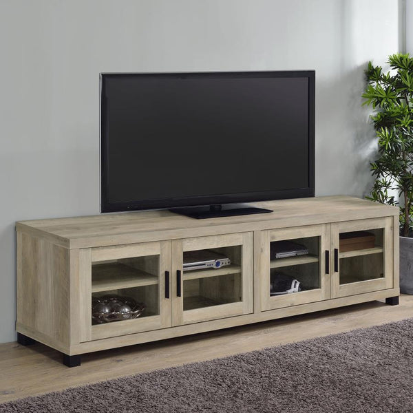  featuring a contemporary boxy silhouette and smooth surfaces. The distressed pine finish enhances its rustic appeal