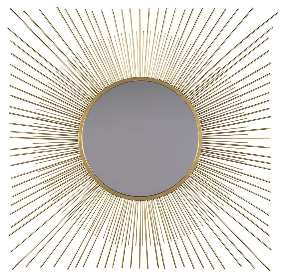 This accent mirror is a contemporary musing. Its breathtaking sunburst design shines in goldtone metal. And the mirrorâ€™s beautifully large scale makes it the center of attention.<br><br><b>Additional Dimensions</b><br><ul><li>Inner mirror: 18.25-"</li><