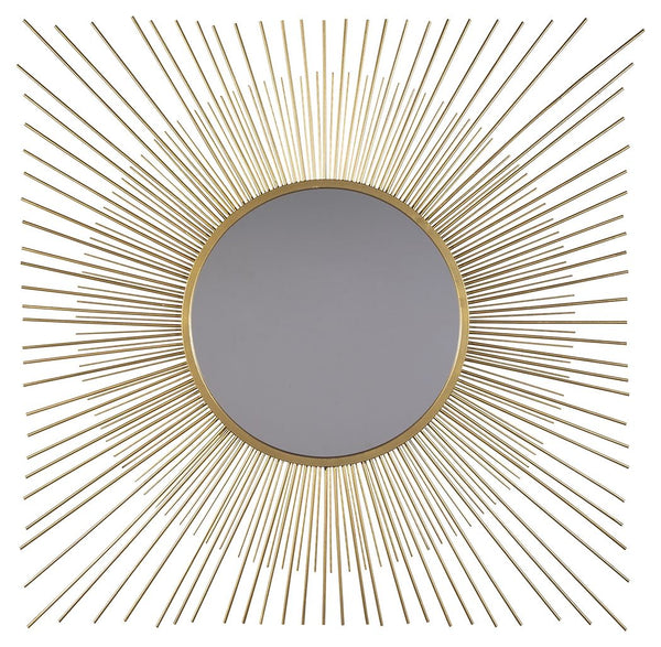This accent mirror is a contemporary musing. Its breathtaking sunburst design shines in goldtone metal. And the mirrorâ€™s beautifully large scale makes it the center of attention.<br><br><b>Additional Dimensions</b><br><ul><li>Inner mirror: 18.25-"</li><