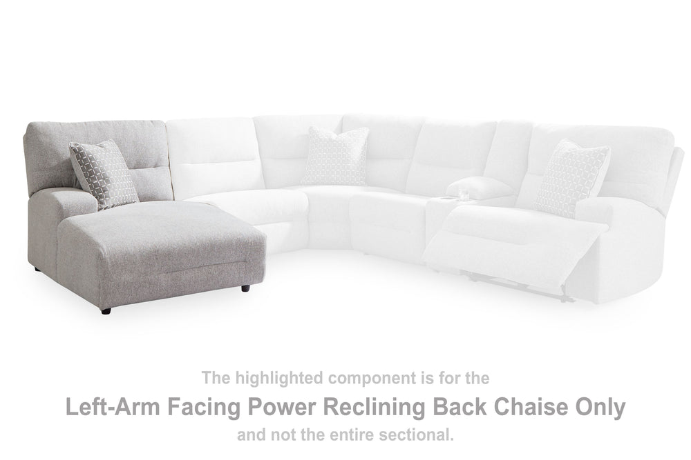 This left-arm facing power reclining back chaise is made with Next-Gen Nuvellaâ„¢ (polyester) upholstery. Pairs with other items in the series to make a sectional.<br><br><b>Additional Dimensions</b><br><ul><li>Arm height: 25-"</li><li>Seat height: 20-"</