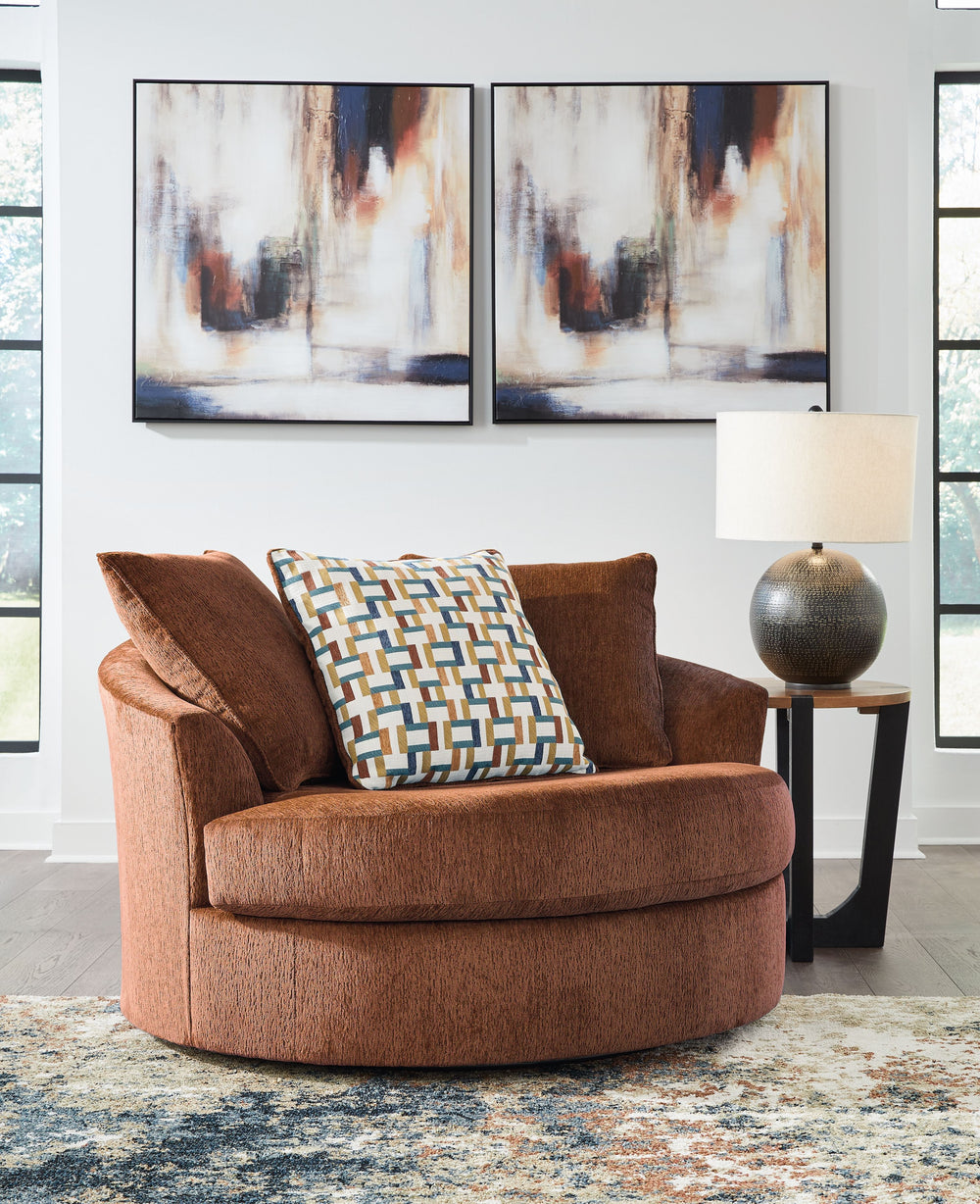 Express your uniquely chic style with this oversized swivel accent chair. Its fresh approach to color creates a vibrant yet refined vibe in your living room that friends and family will love to lounge in. And you can count on classic comfortâ€”the chairâ€