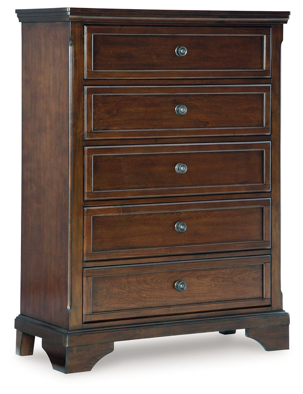 The traditional design of this chest of drawers has a timeless look that adds visual appeal to your bedroom, while its functionalism is equally impressive. There is lots of room for clothes and other essentials in five drawers with a warm brown cherry fin