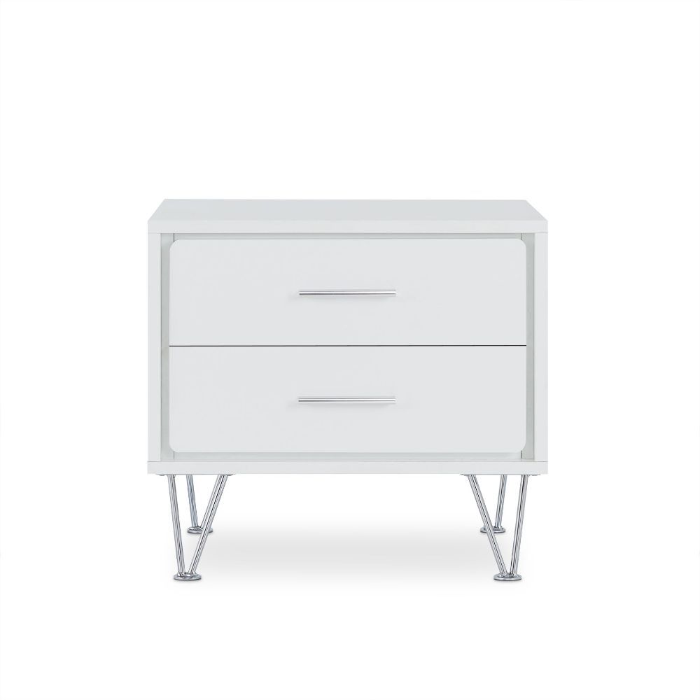 Featuring a unique leg design the Deoss night stand is functional as an end table too. The mixture of white and chrome hardware and leg, adds a lot of modern style to this 2 drawer night stand. It will be the great additional to your bedroom.<br/><br/><b>