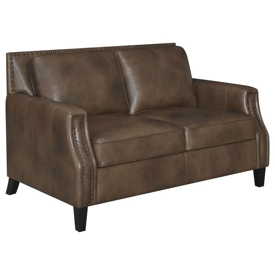 Friends and family will remember your exceptional taste in style when they see this brown sugar loveseat. Upholstered in soft leather grain fabric, this piece is an immediate enhancement to your living area. Back cushions with welted trim make this lovese